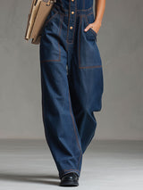 Casual Retro Multi-pocket Topstitching Dark Blue Denim Sleeveless Balloon Jumpsuit