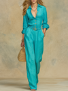 Retro Casual Vacation Style Solid Color Shirt And Pants Set