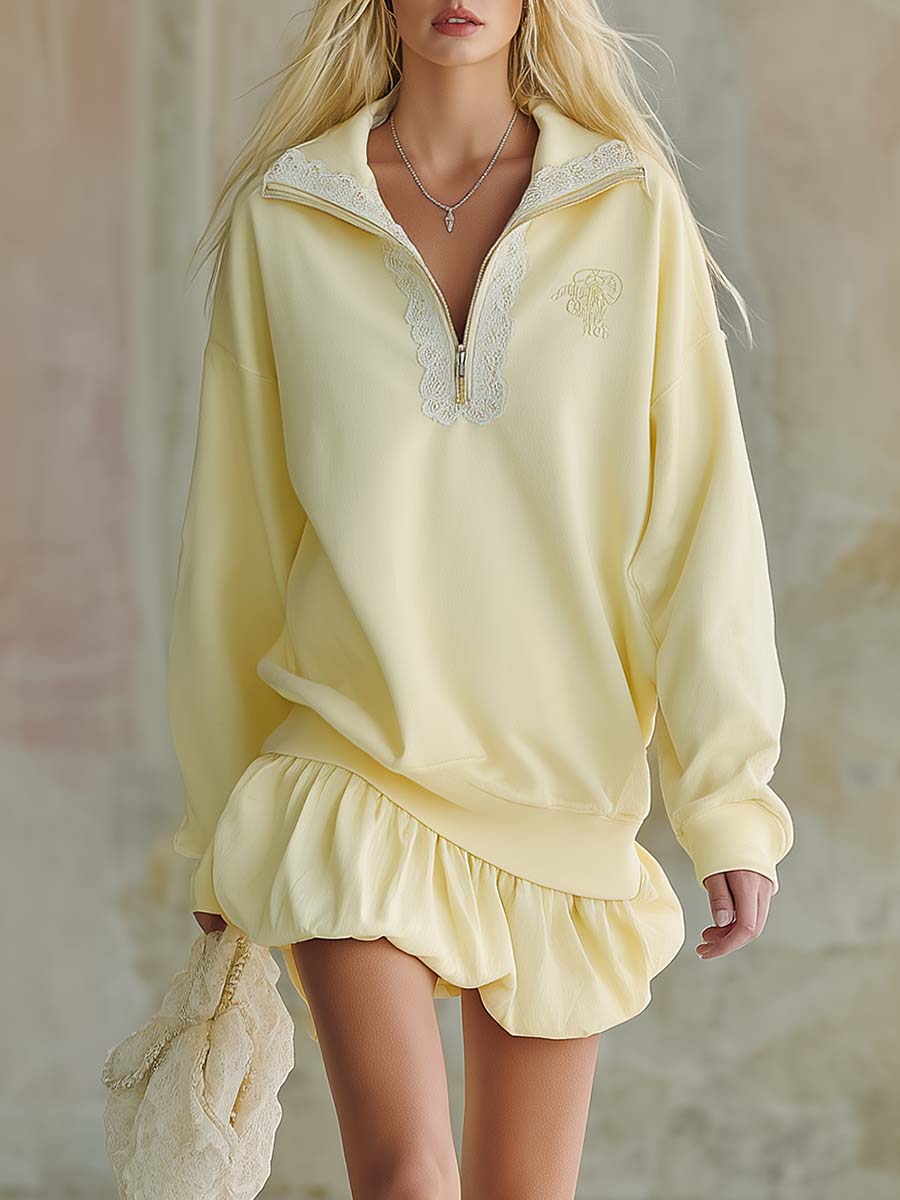 Elegant Fashion Lapel Front Zipper Bubble Hem Lace Trim Light Yellow Cotton Mini Dress