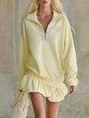 Elegant Fashion Lapel Front Zipper Bubble Hem Lace Trim Light Yellow Cotton Mini Dress
