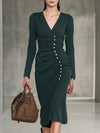 Vintage Green Pleated V-neck Button-down Midi Dress