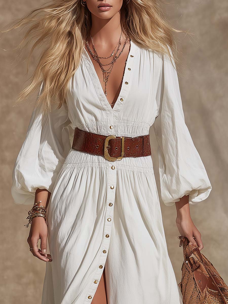 Vintage Western V-Neck Lantern Sleeve White Denim Maxi Dress