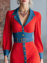Casual Western Red Patchwork Denim Midi Dress