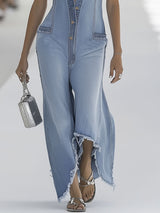 【24-hour shipping out】Western Retro Light Blue Denim Sleeveless Raw Edge Wide Leg Zipper Jumpsuit