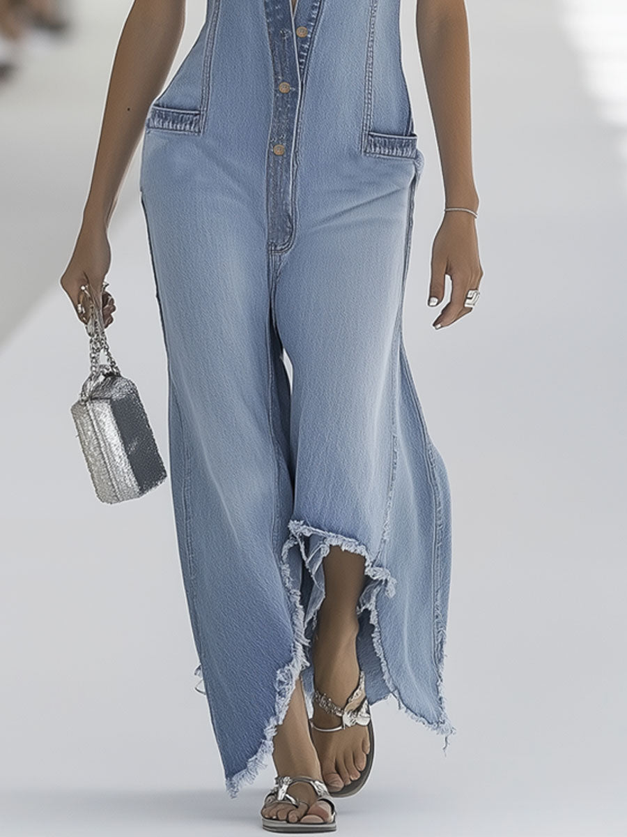 【24-hour shipping out】Western Retro Light Blue Denim Sleeveless Raw Edge Wide Leg Zipper Jumpsuit