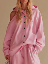 Loose-fitting Hooded Single-breasted Off-the-shoulder Jacket And Trousers Casual Set