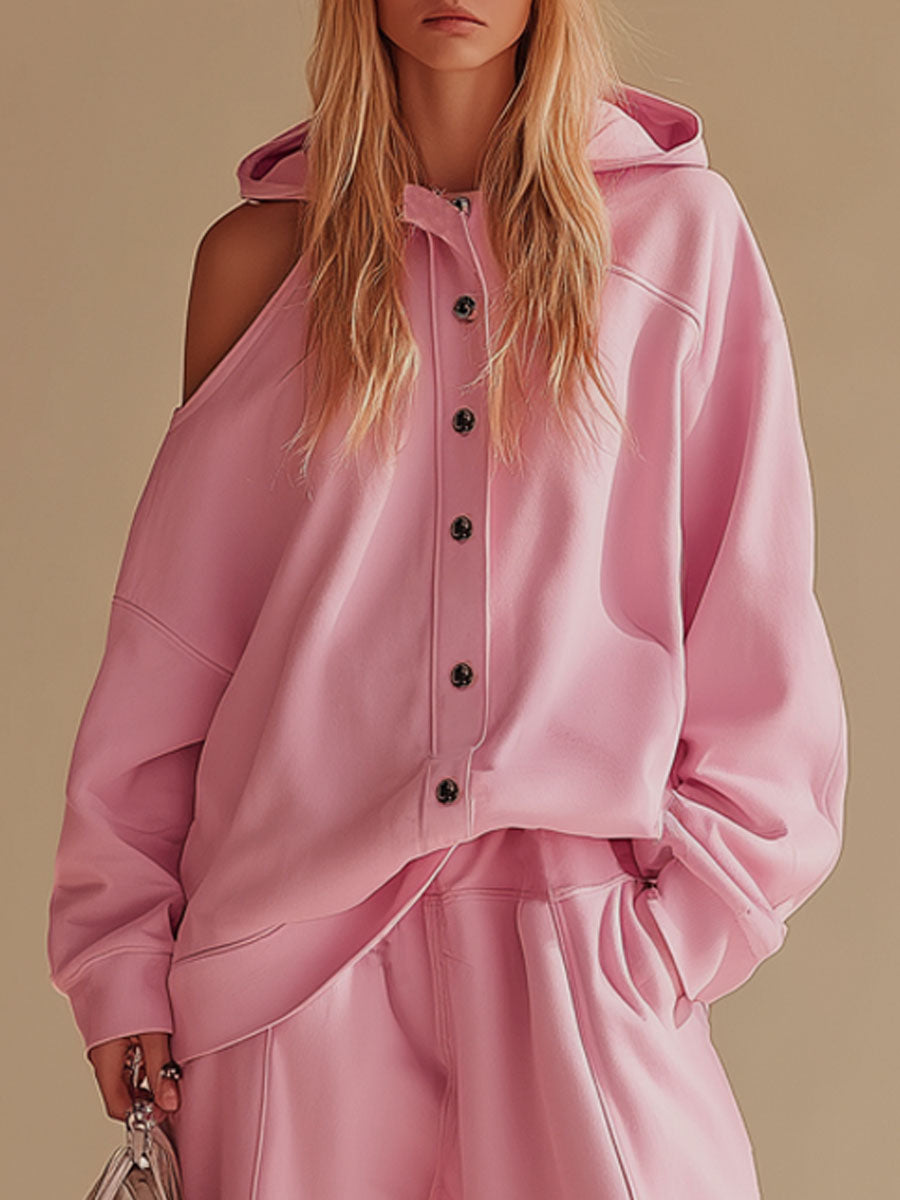 Loose-fitting Hooded Single-breasted Off-the-shoulder Jacket And Trousers Casual Set