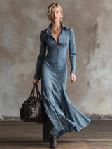 Elegant Urban Leopard Print Gold Foil Blue Tencel Denim Maxi Dress