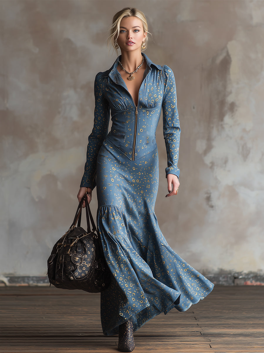 Elegant Urban Leopard Print Gold Foil Blue Tencel Denim Maxi Dress