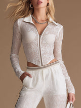 Sporty Retro Ribbon White Lace Long-Sleeved Top And Wide-Leg Pants Set