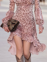 Western-style Casual V-neck Leopard Print Pink Chiffon Midi Dress