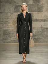 Elegant Black Cotton And Linen With A Lapel Collar And Button Closure Maxi Dress