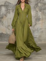 Olive Linen Zip-Front Maxi Dress