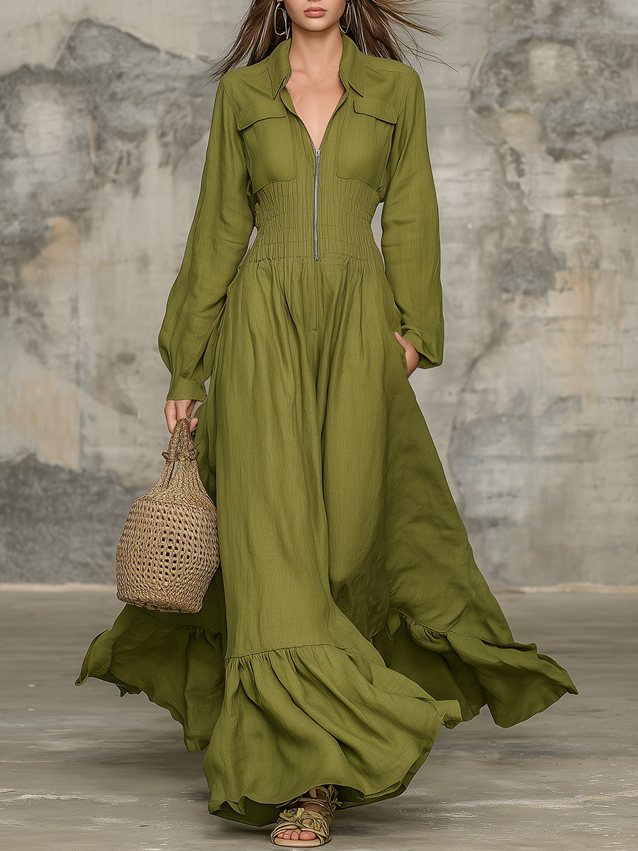 Olive Linen Zip-Front Maxi Dress