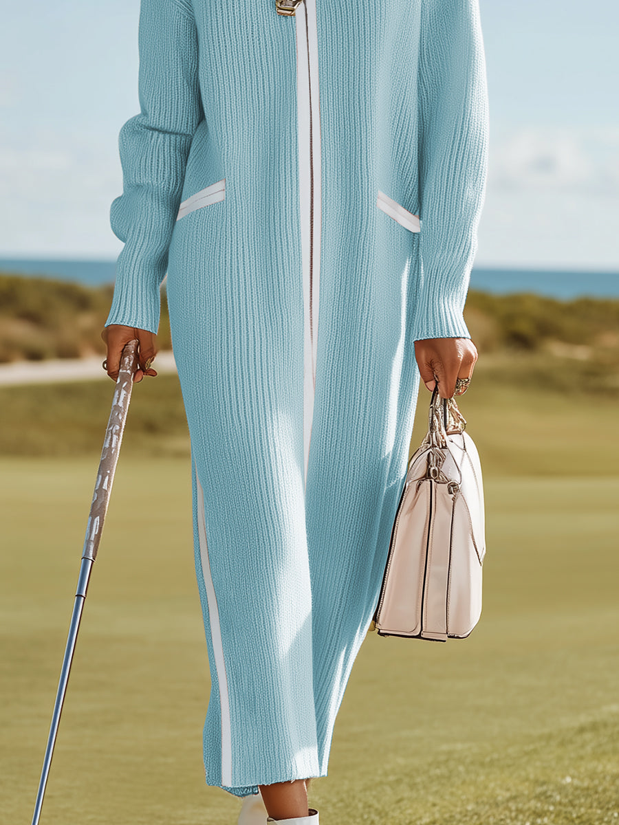 Sporty And Stylish White-trimmed Blue Knit Maxi Dress
