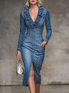 Retro V-neck Ruffled Denim Long-sleeved Midi Dress