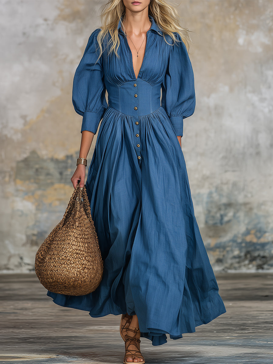Stylish Blue Denim V-neck Button-downWith Flared Hem Maxi Dress