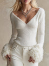 Stylish And Versatile Wool Cuffs White V-neck Slim-fit Sweater