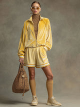Fashionable Sporty Retro Webbing Trim Yellow Velvet Zipper Sweatshirt And Shorts Set