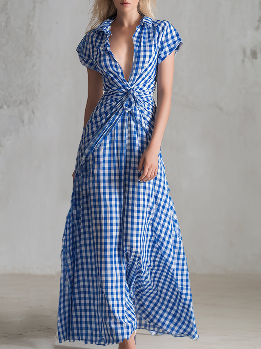 Stylish Urban Blue Checkered Lapel Short-sleeved Maxi Dress