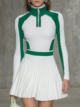 Athletic-style White And Green Pleated Mini Dress