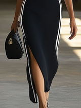 Retro Fashion Striped Black Knitted Ribbed V-Neck Slit Sports Maxi Dress