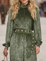 Retro Western Style Velvet Cashew Embossed Green Maxi Dress