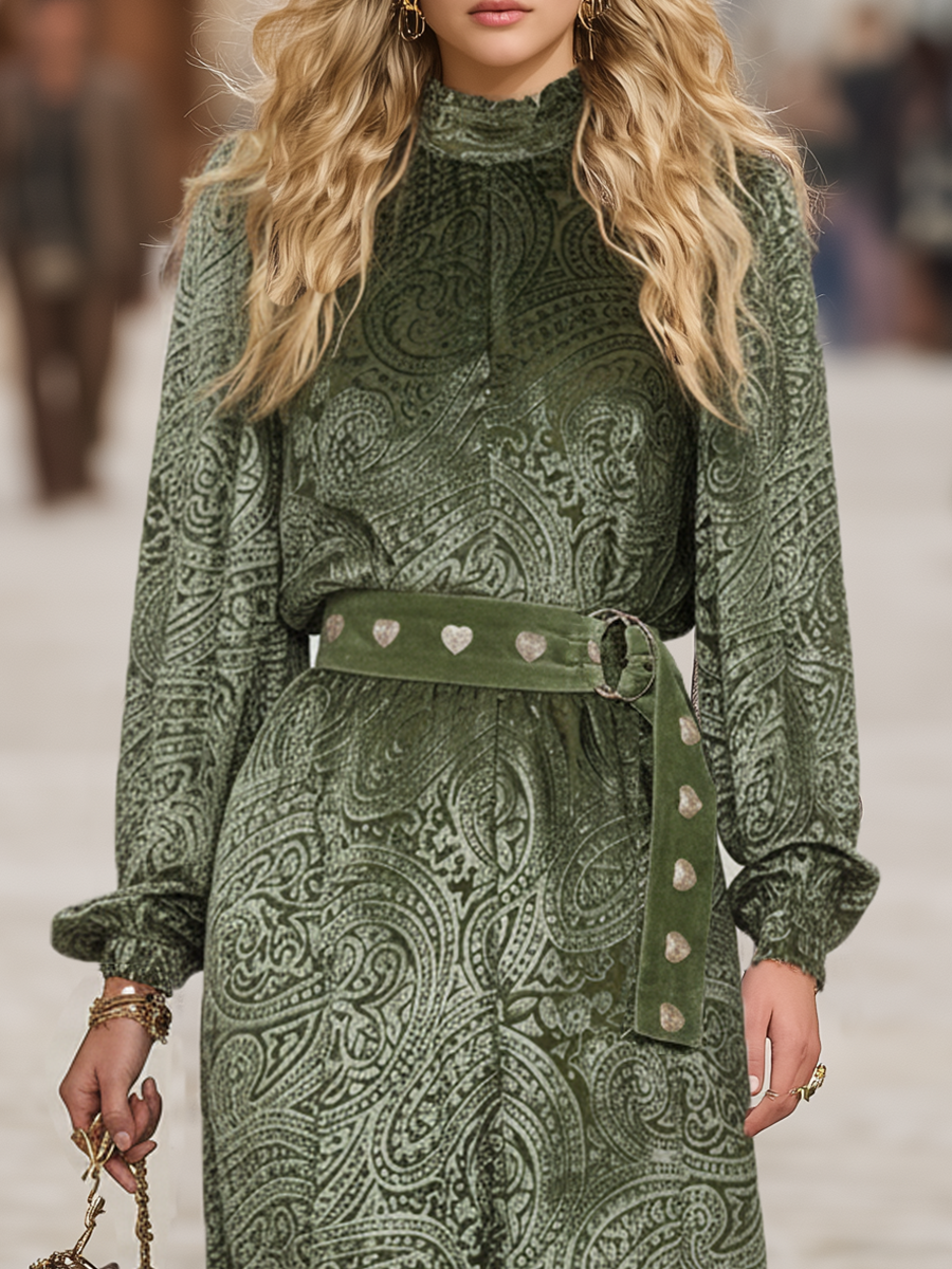 Retro Western Style Velvet Cashew Embossed Green Maxi Dress