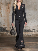 Black Button-up Top And Flared Trousers Set With Exquisite Embroidery.