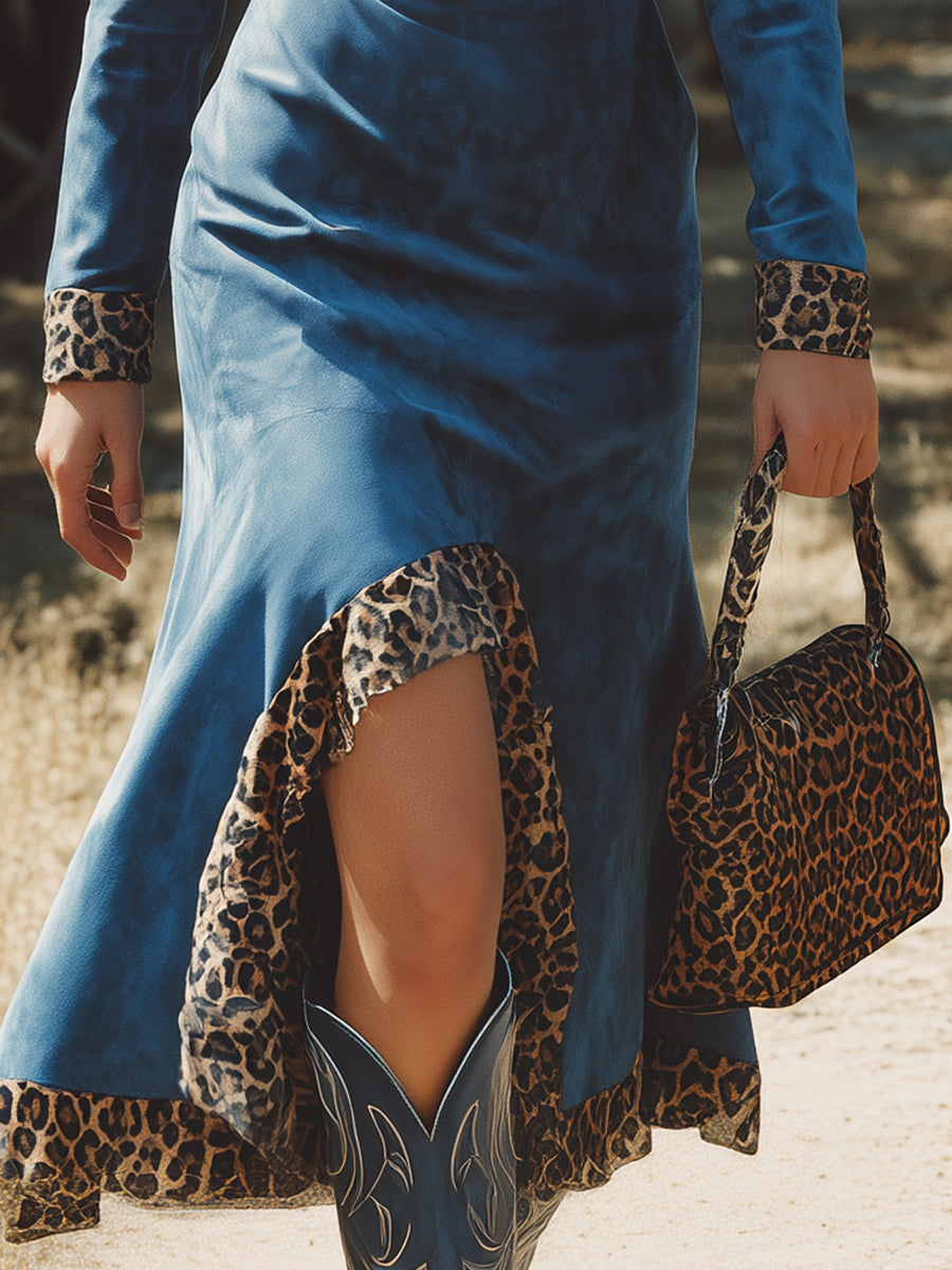 Western-style Blue Faux Suede And Leopard Print Patchwork Midi Dress