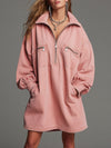 Casual Retro Pink Denim Half-zip Long-sleeved Mini Dress