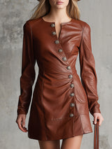 Elegant Brown Faux Leather Mini Dress With Button Closure.