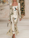 Square-Neck Long-Sleeved Printed Satin Maxi Dress