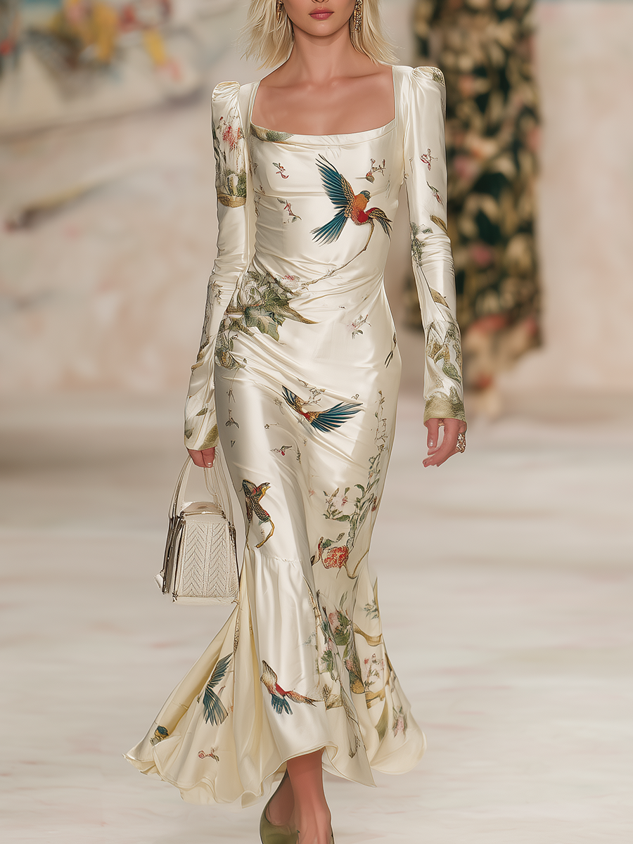 Square-Neck Long-Sleeved Printed Satin Maxi Dress