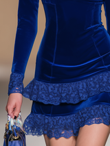 Elegant Vintage-style Zipper Stand Collar Lace Trim Velvet Mini Dress