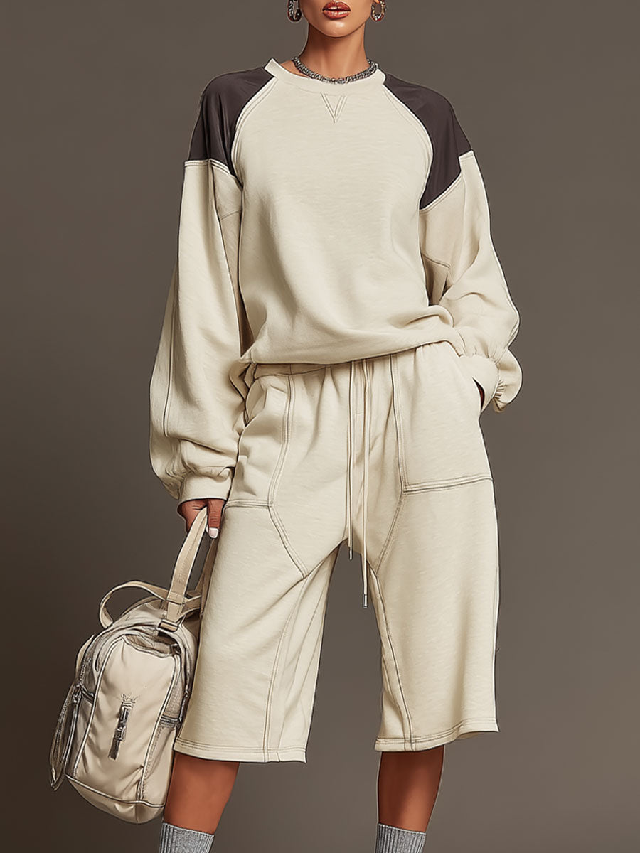 Sporty Retro Crew Neck Color Block Beige Cotton Sweatshirt And Shorts Set