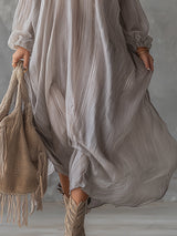 V-Neck Light Gray Pleated Chiffon Maxi Dress