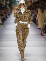 Western Casual Button Leopard Print Velvet Midi Dress