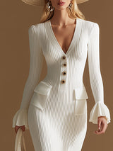 Stylish And Elegant White V-neck Knitted Button-down Midi Dress