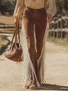 Retro Western Style White Fringed Brown Faux Suede Pants