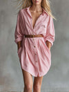 Casual Fashion Front Button Pink Striped Cotton Shirt-style Mini Dress