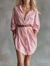 Casual Fashion Front Button Pink Striped Cotton Shirt-style Mini Dress