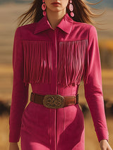 Retro Western Style Fringed Pink Faux Suede Midi Dress