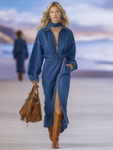 Loose-fitting Collar Zipper Closure Double Pockets Denim Long-sleeved Midi Dress