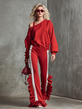 Stylish Sporty Single-shoulder Sweatshirt And Ruffled Wide-leg Pants Set