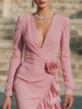 Elegant And Romantic Ruffled Three-dimensional Flowers Pink Chiffon Midi Dress