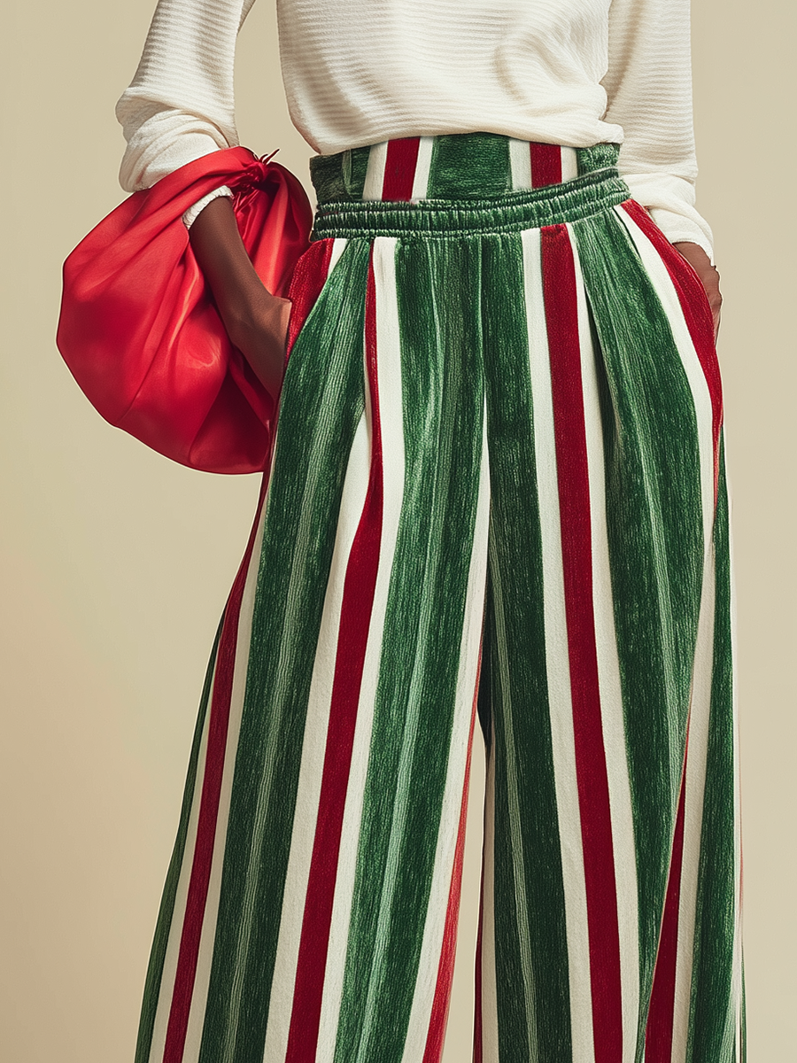 Retro Loose-fitting Red And Green Striped Chenille Wide-leg Pants