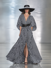 High-end Chic Black And White Checkered Ruched Sleeve Cotton Maxi Dress