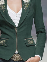Vintage Western Rose Embroidered Zipper Green Faux Suede Jacket