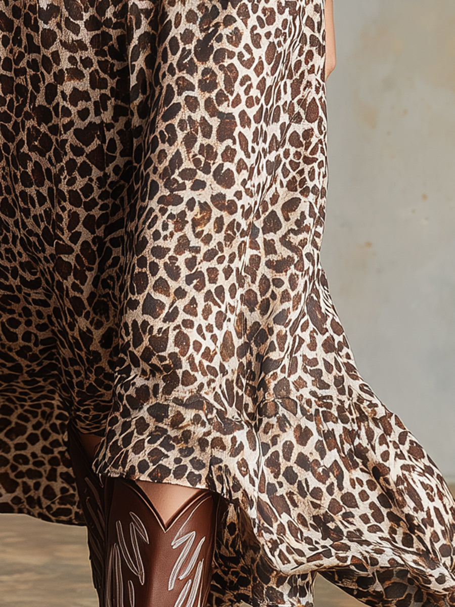 Stylish Leopard Print Chiffon V-neck Midi Dress With Elasticated Waist.